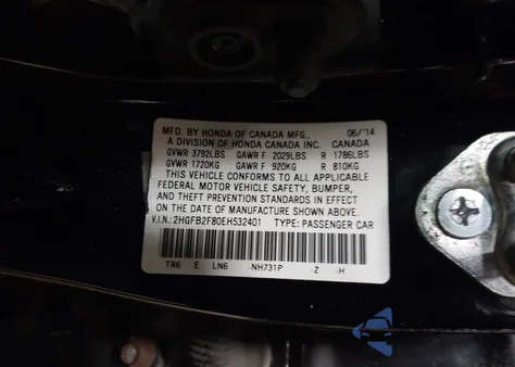 2014 Honda Civic Ex from USA, damaged, VIN 2HGFB2F80EH532401